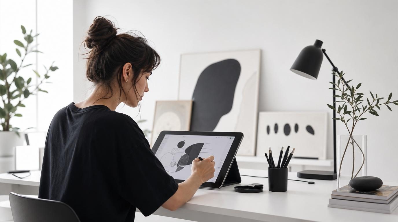 A designer sketching layout ideas on a tablet at a studio desk