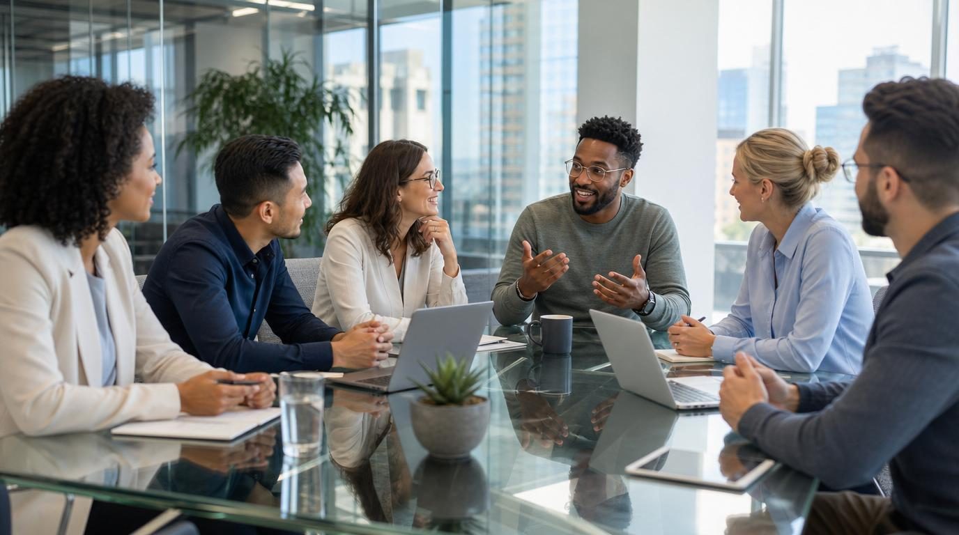 A team reviewing work together around a conference table