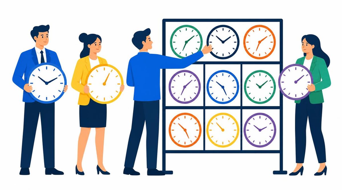 Businesspeople holding clocks with one person organizing multiple clocks efficiently, bold flat
