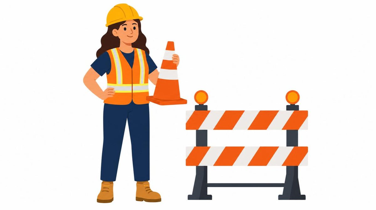 Woman wearing safety vest holding traffic cone beside barrier, construction concept, bold flat