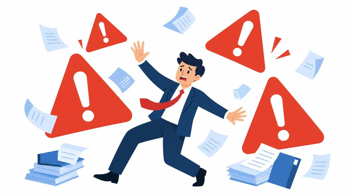 A businessman struggling with warning symbols and falling documents, bold flat colors, on a cle