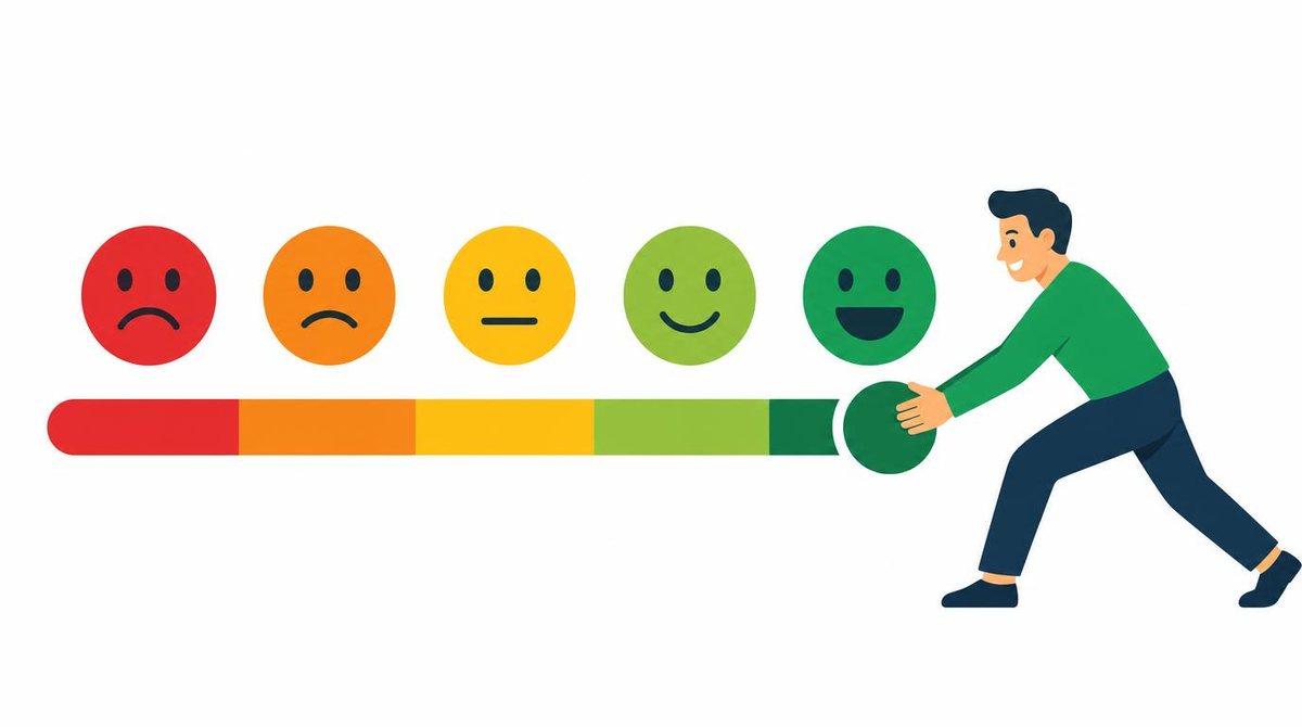 A man pushing a feedback slider toward an excellent rating with a smile, customer feedback conc