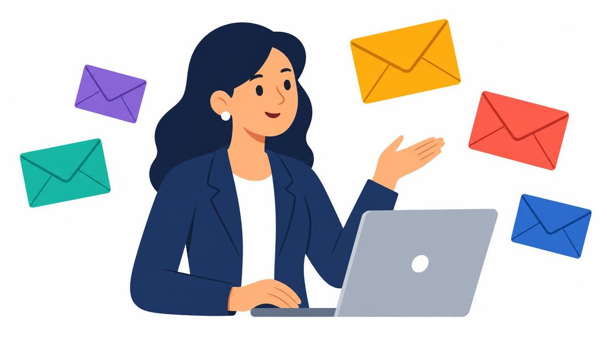 A businesswoman with floating envelope icons and a laptop, bold flat colors, on a clean solid w