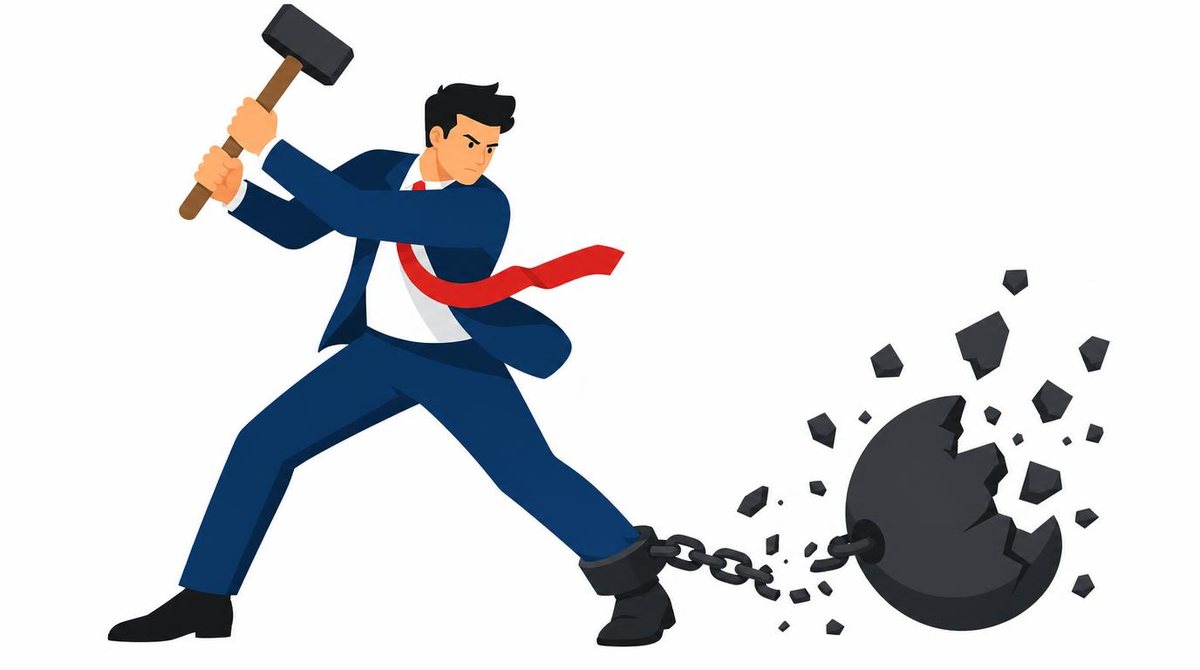 A businessman breaking apart a heavy iron ball attached to his ankle by a chain, bold flat colo