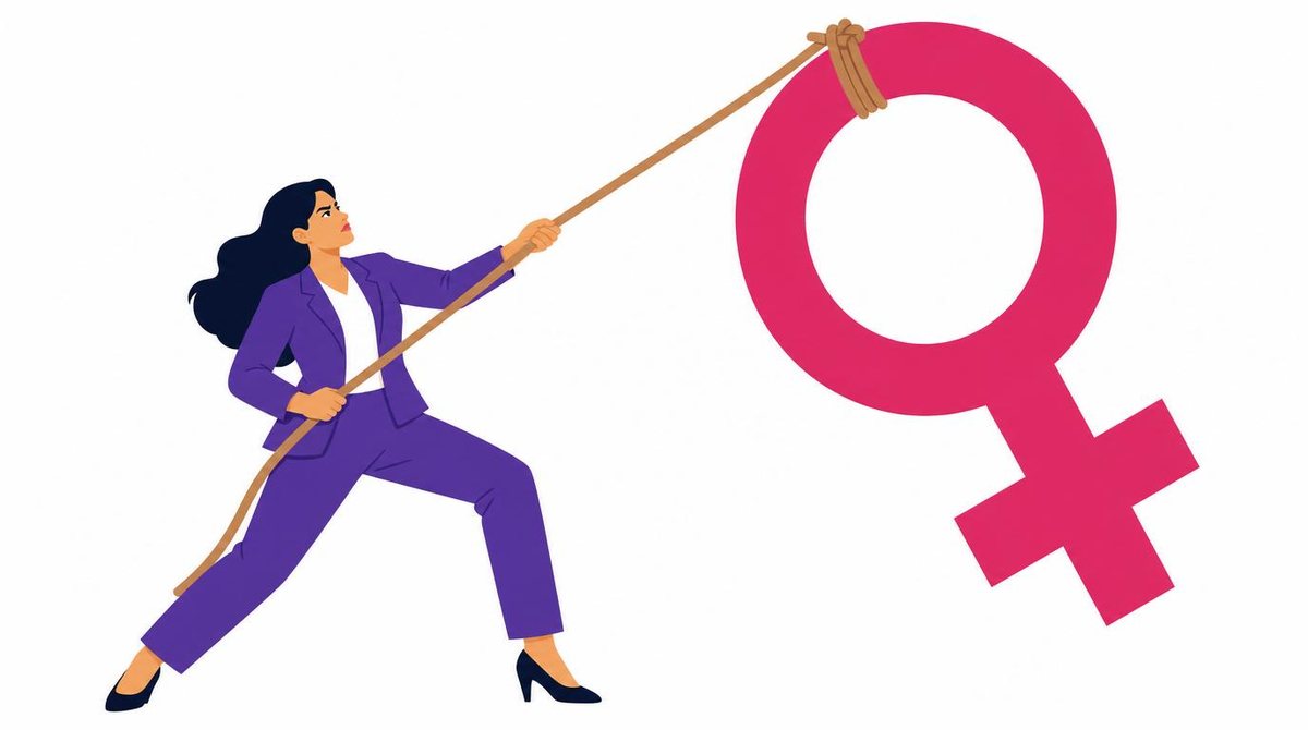 A determined businesswoman in a pantsuit pulling a large female symbol upward with a rope, musc