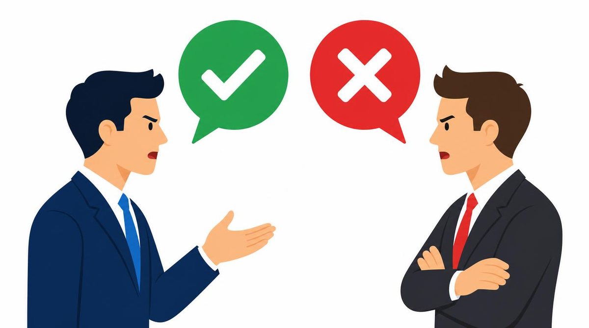 Two businessmen facing each other with speech bubbles containing opposite symbols, one with a c