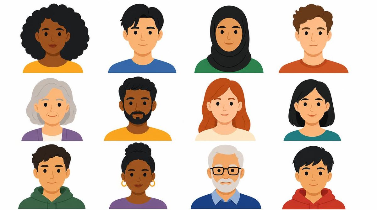 Set of diverse human avatar portraits showing different ethnicities and ages, simple flat desig