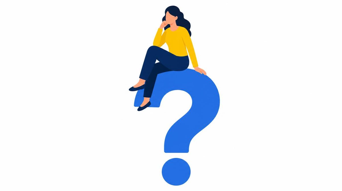 Woman sitting on a large question mark symbol, customer help and support concept, flat design,