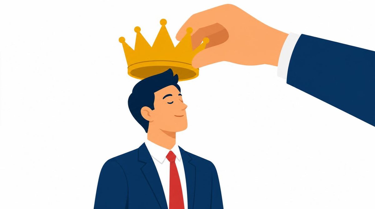 Giant hand placing golden crown on businessman, career success and achievement concept, on a cl