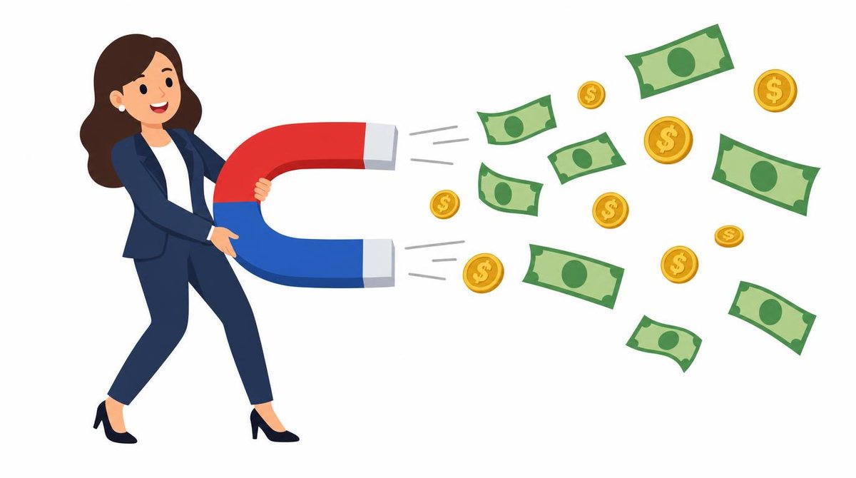 A businesswoman holding a large magnet attracting dollar bills and coins toward her, cheerful e
