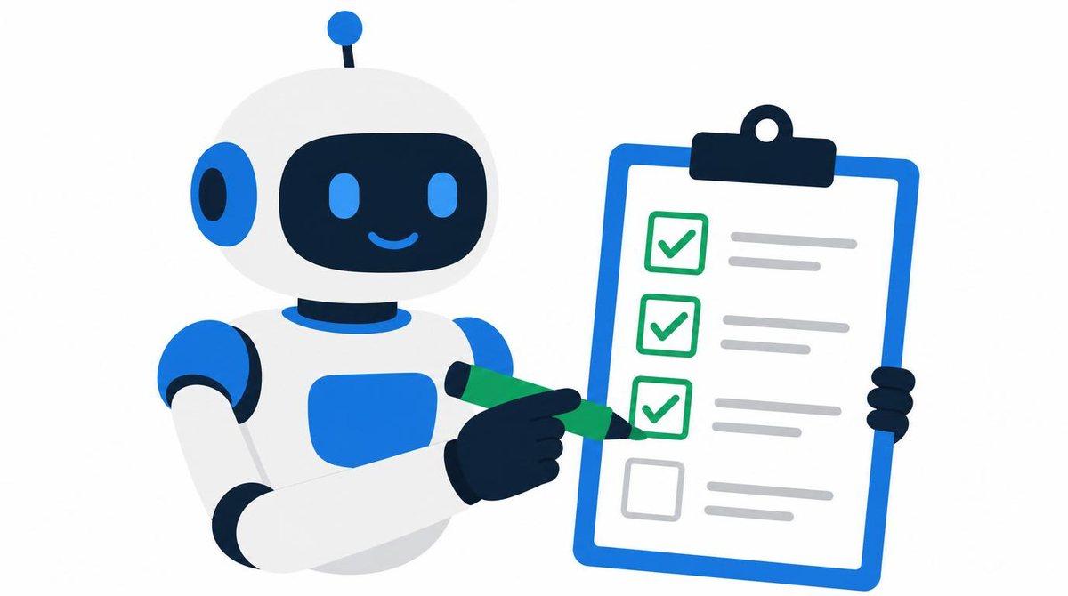 A robot holding a checklist and marking completed items, AI task assistance, bold flat colors,
