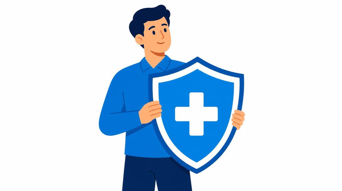 A person holding a shield with a medical cross, representing health insurance and life protecti