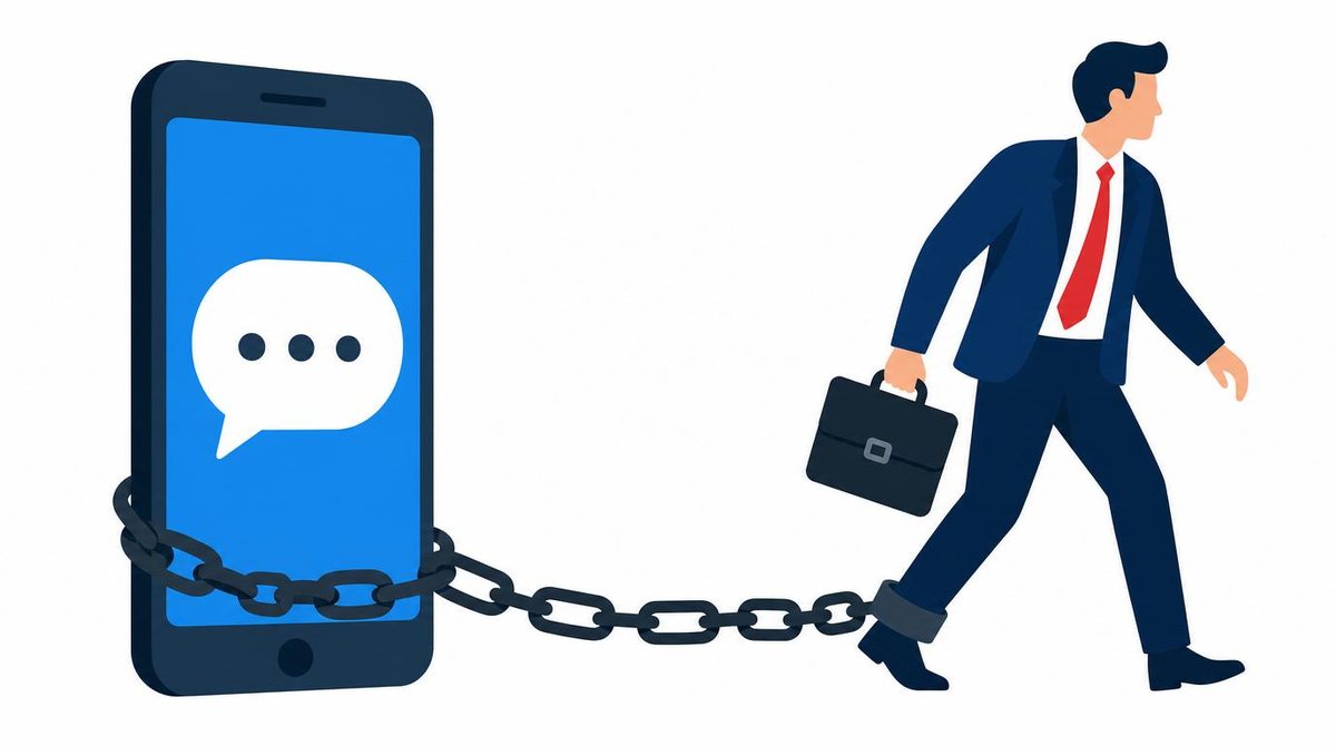A businessman chained to a smartphone with a chat bubble on screen, bold flat colors, on a clea