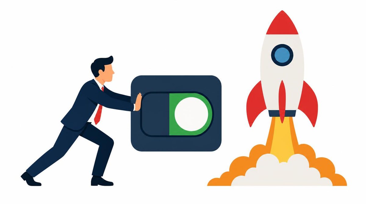 A businessman pushing a startup launch button to the on position, bold flat colors, on a clean 
