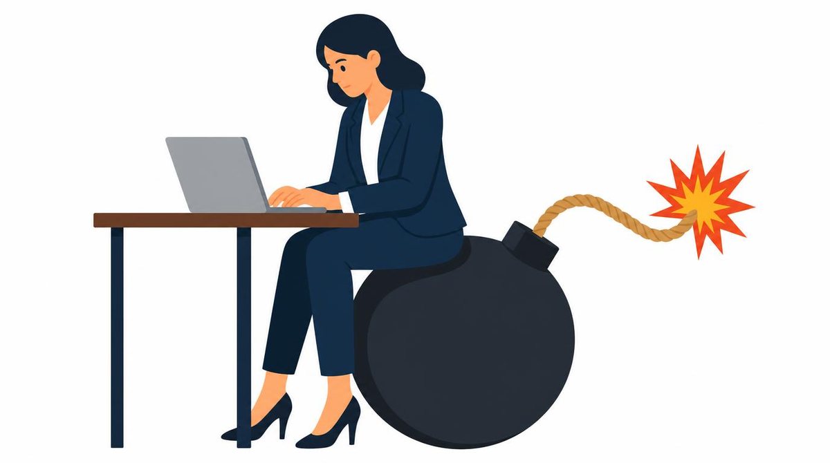 A businesswoman working at a desk while sitting on a large bomb, bold flat colors, on a clean s