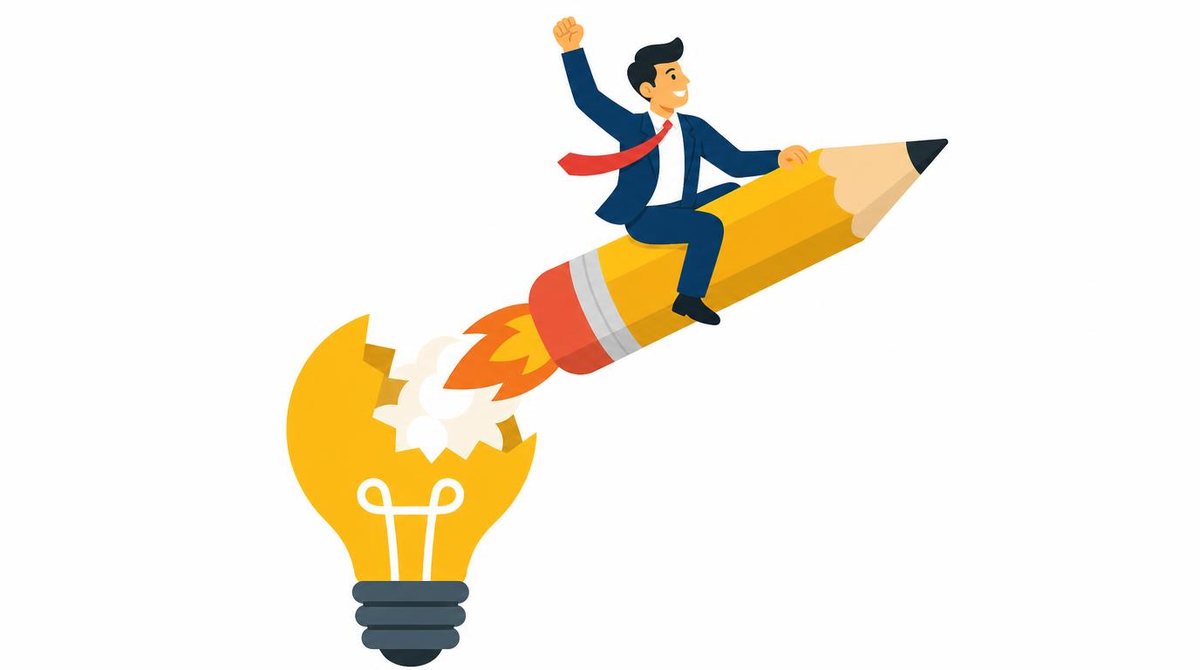 A businessman riding a pencil rocket emerging from an open lightbulb on a clean solid white bac