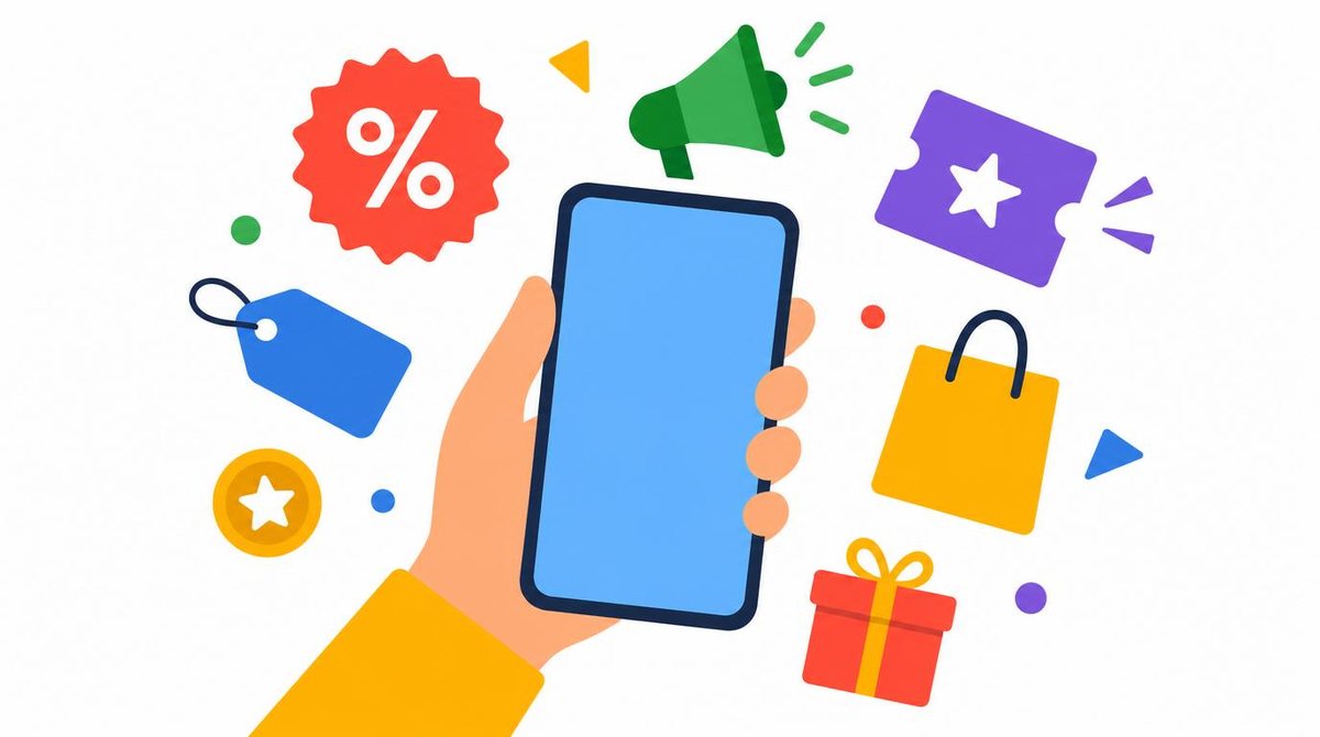 A person holding a generic smartphone with promotion symbols and shopping icons floating around