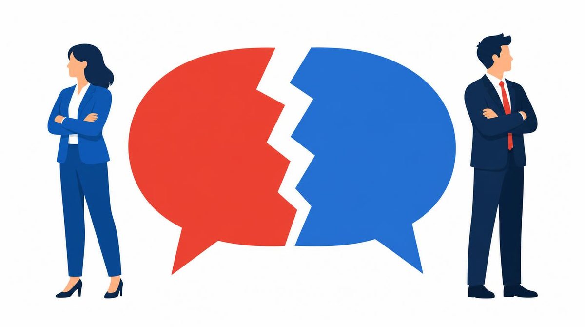 Two businesspeople standing on opposite sides of a broken speech bubble, not communicating, bol