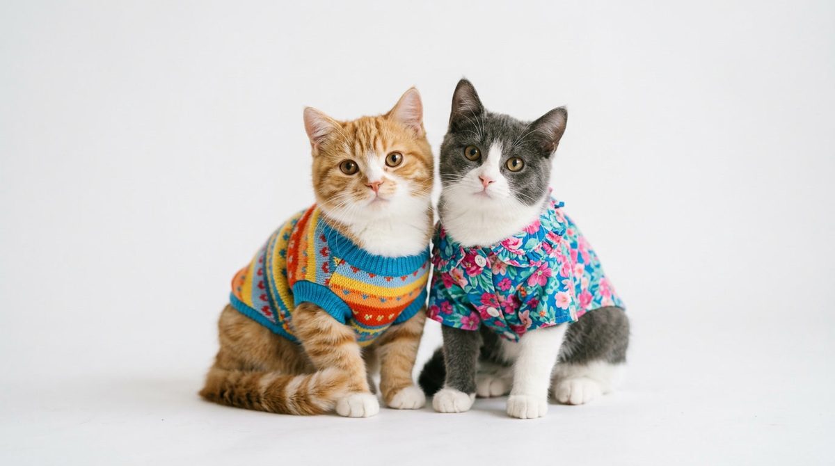 Two cute cats wearing colorful pet clothes, posing on a white background, soft studio lighting,