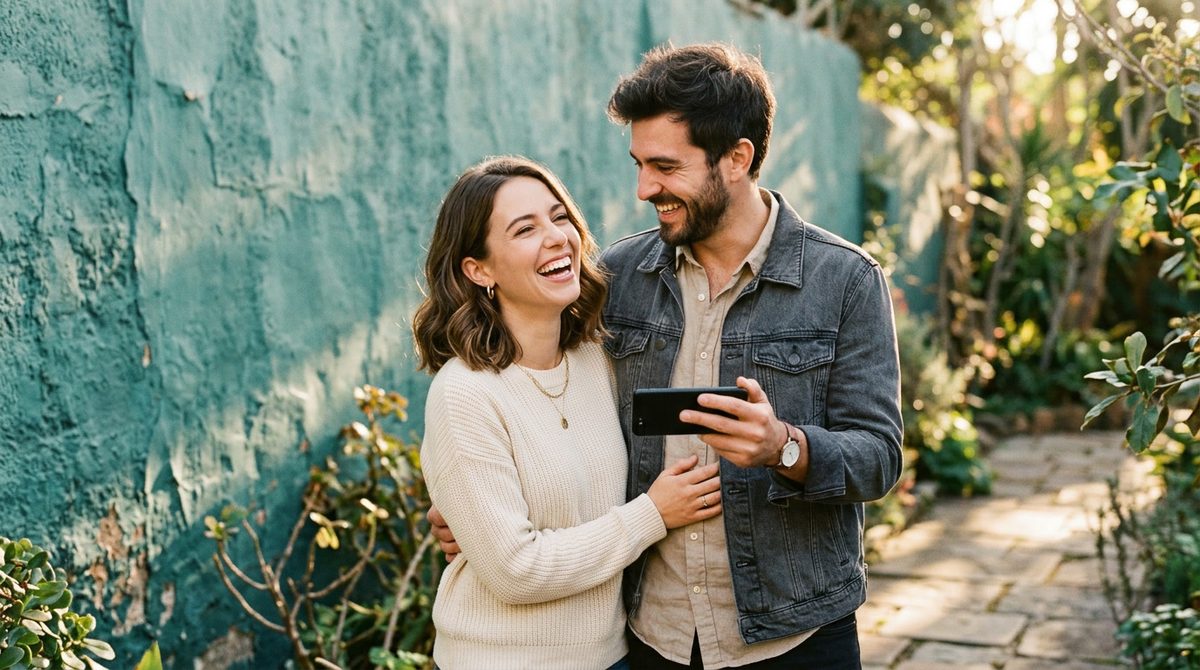 A young stylish couple laughing together outdoors, the man holding a generic smartphone, both s