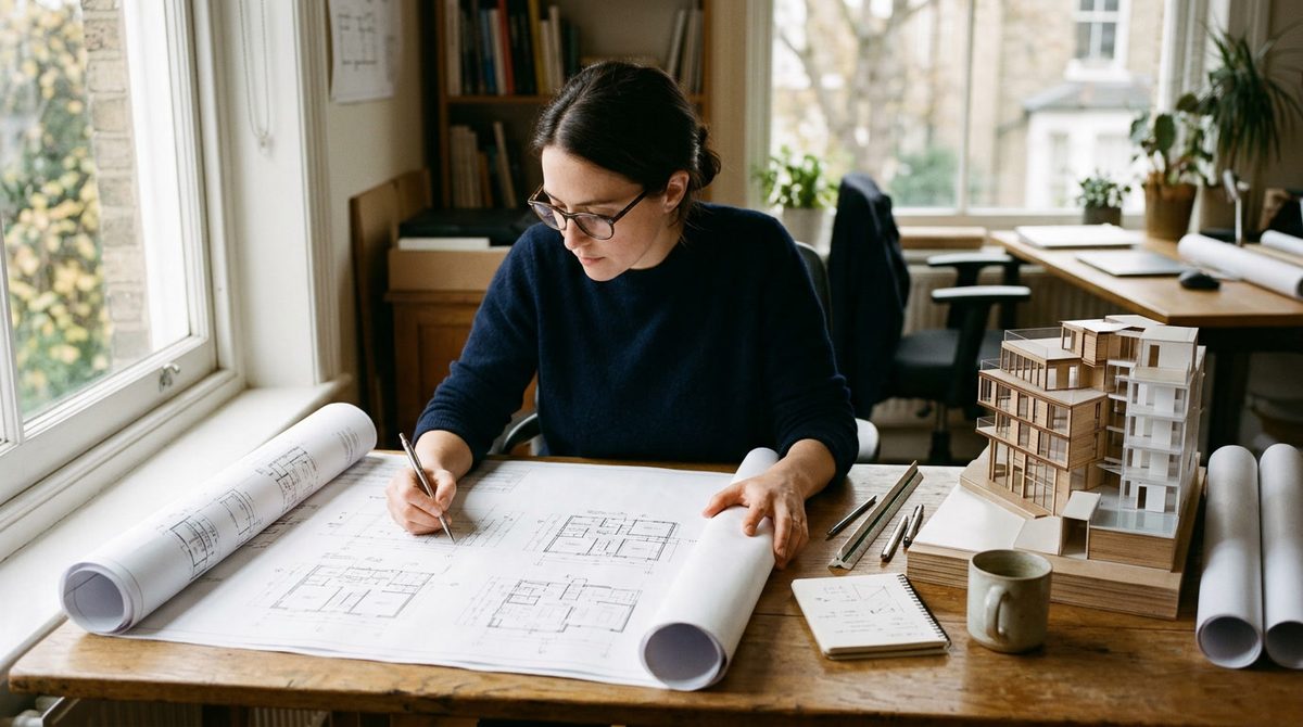 An architect studying a rolled-up blueprint on a desk, holding a drafting pencil, with a 3D arc