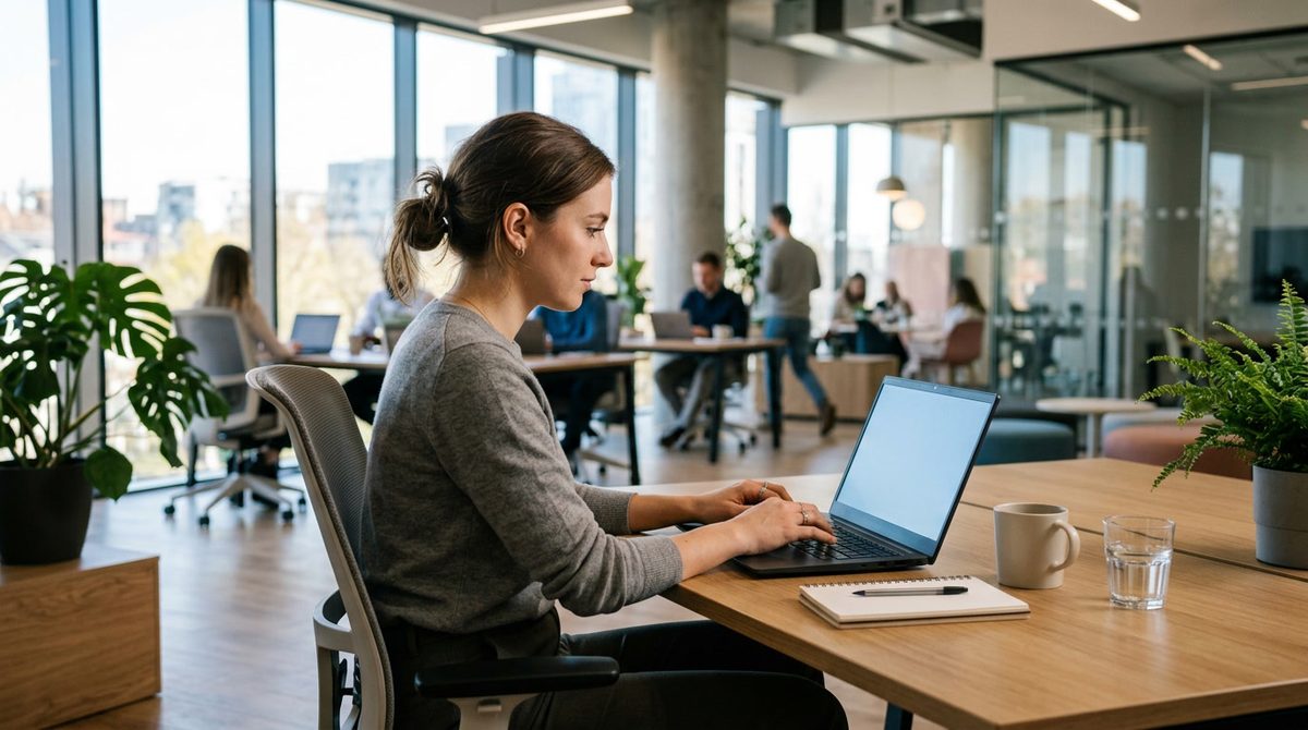 A young woman working on a laptop in a brightly lit modern office, laptop screen blank, no logo