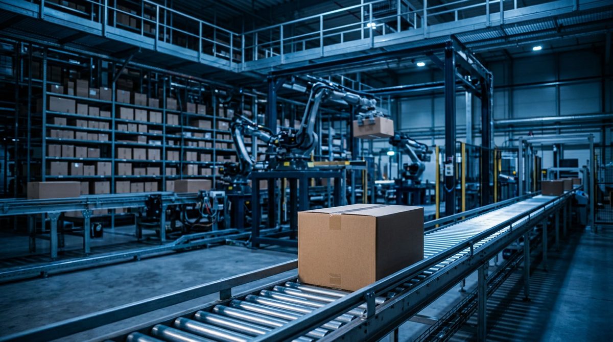 An automated warehouse interior with a cardboard box on a conveyor belt, robotic arms in the ba