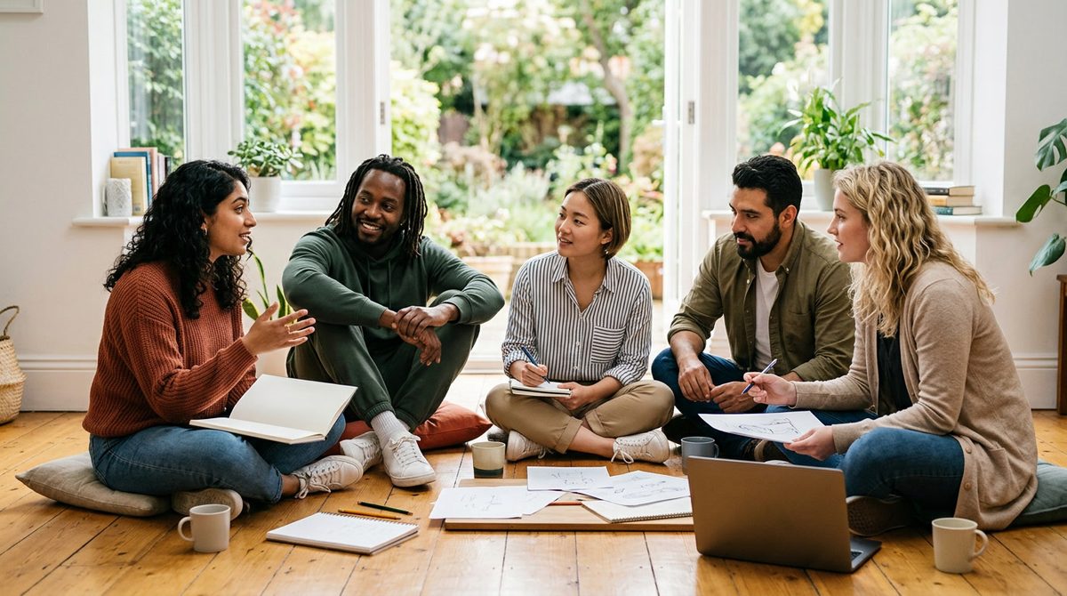 A diverse group of people sitting on a bright wooden floor in a sunlit room, discussing a proje
