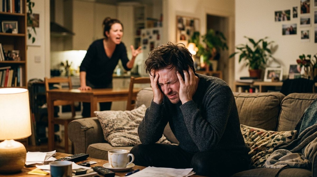 A man looking frustrated and overwhelmed during an argument at home, a woman yelling in the bac