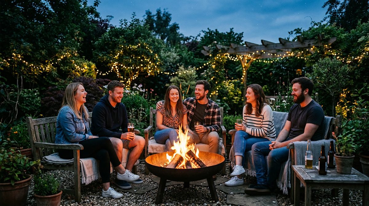 A group of friends sitting around a crackling fire pit in a lush backyard garden during a summe