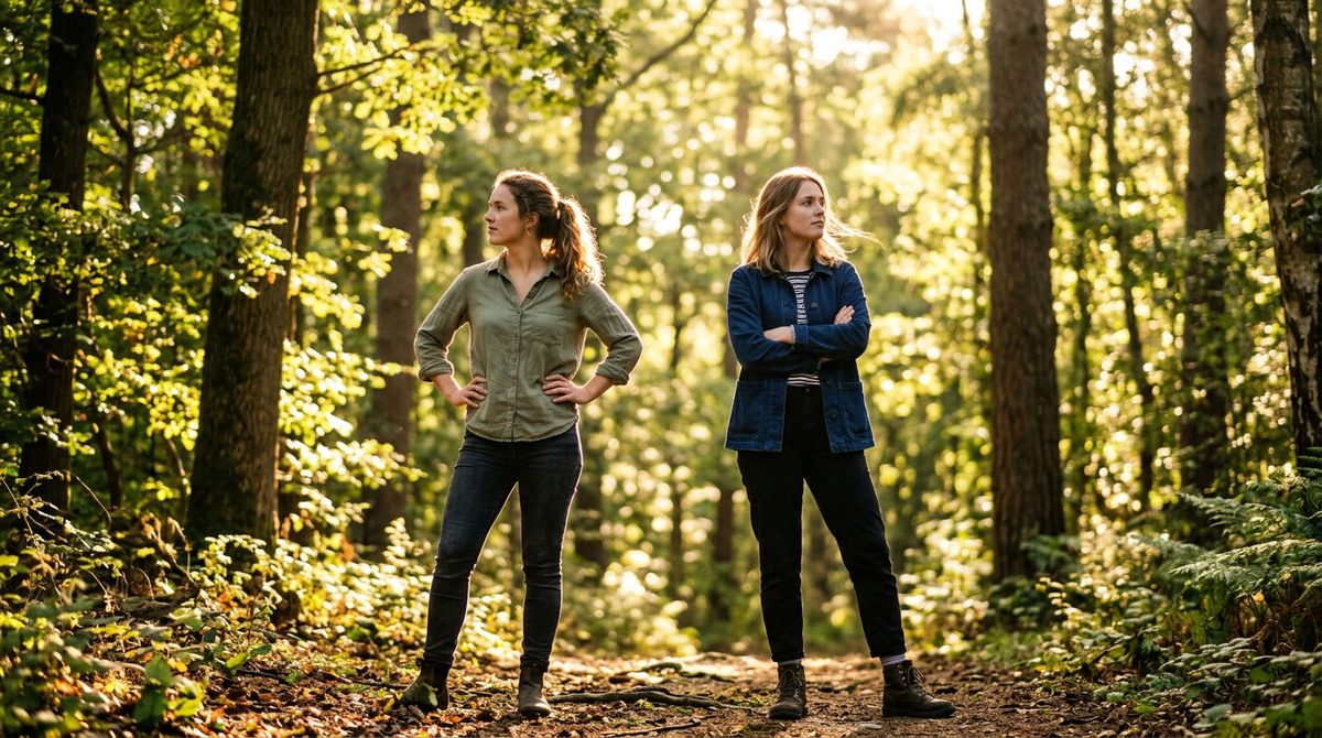Two young women stand in a sunlit forest, one with hands on hips, the other with arms crossed,