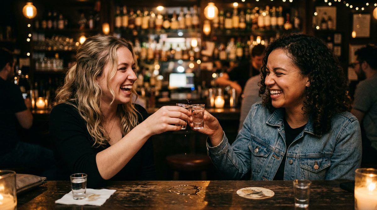 Two young women laughing and clinking shot glasses filled with clear liquor at a dimly lit bar,