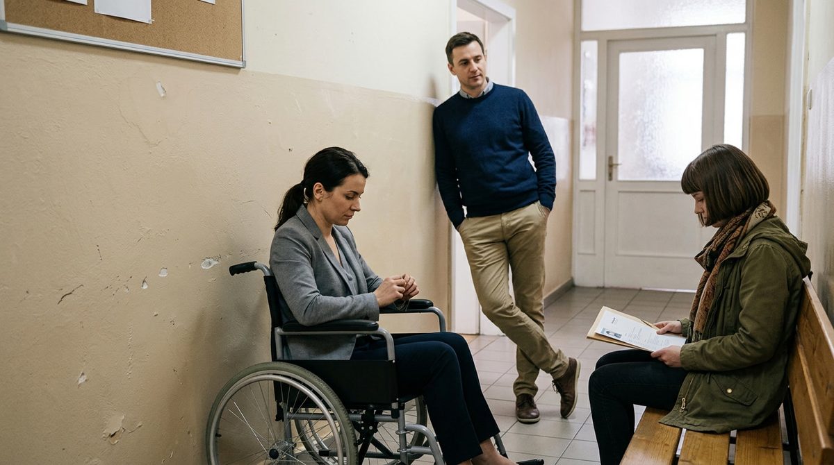 Job applicants including a woman in a wheelchair waiting near a beige wall, soft indoor lightin