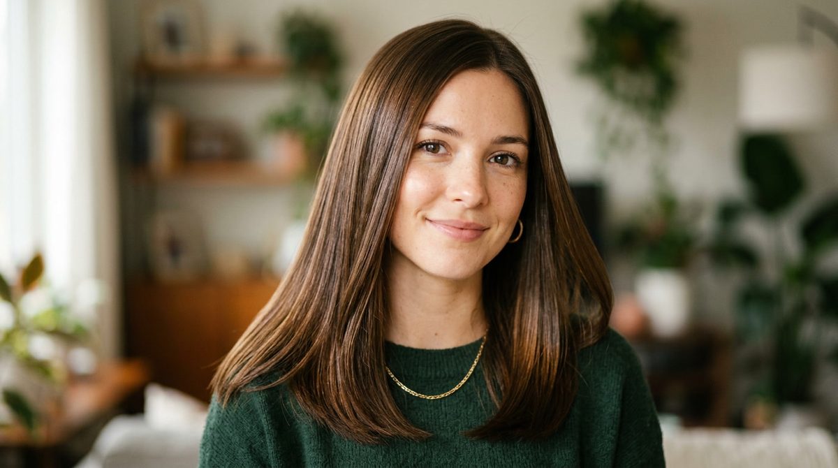 Close-up of a woman with straight brown hair, shiny and healthy from a keratin treatment, soft