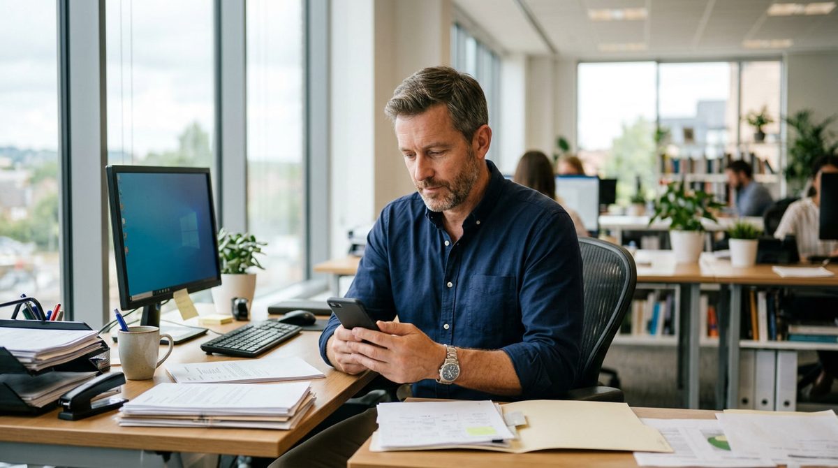 Middle-aged man in a modern office, holding a generic smartphone and looking at the screen, nat
