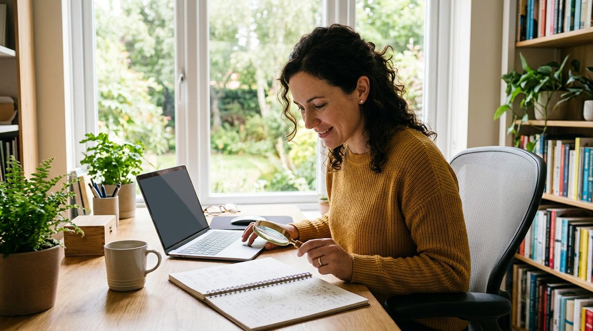 An adult woman in a bright home office holds a magnifying glass over a notebook while working o
