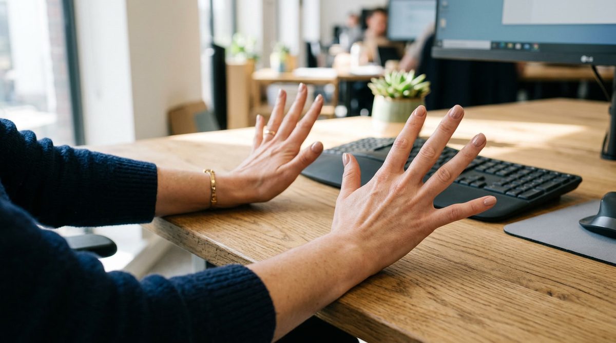 Close-up of a woman's hands stretching fingers on an office desk, keyboard in background, natur